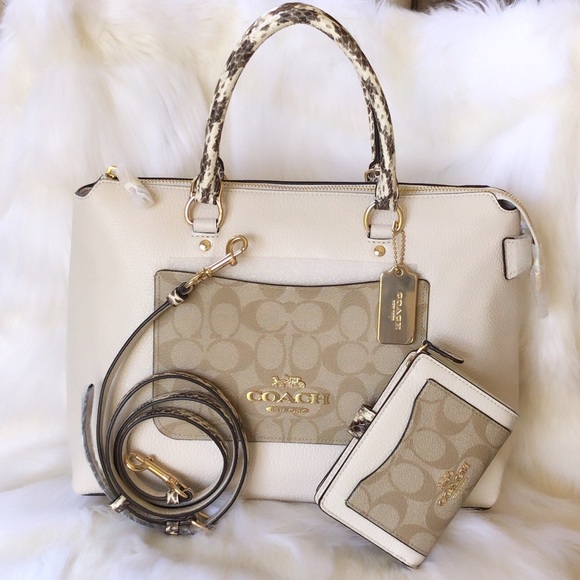 COACH Snake Signature Leather Emma Satchel Crossbody Bag Purse KHAKI CHALK